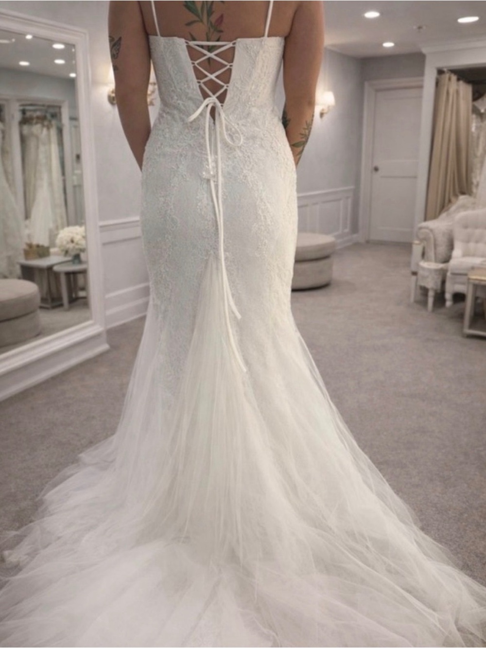 Lace-Up Back White Mermaid Wedding Gown with Tulle Train